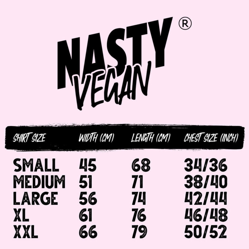 Nasty Vegan tshirt sizes